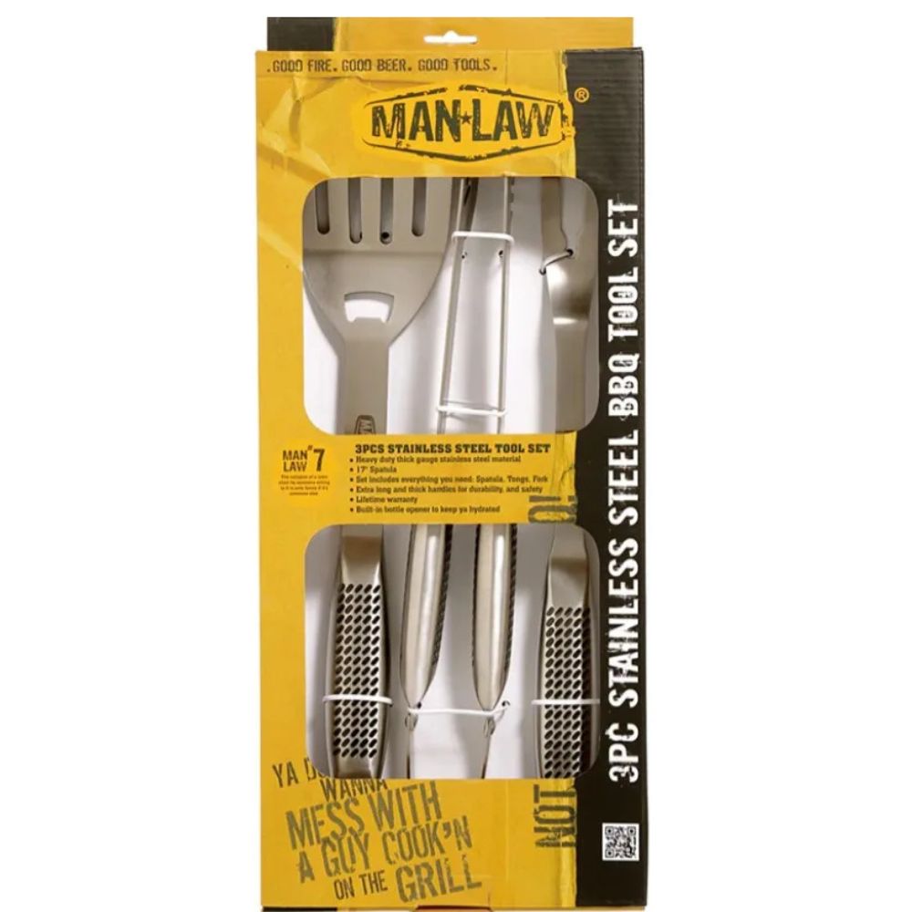 Set de Espatula, Tenedor y Pinzas para Parrilla, 40 cm Acero Inoxidable Man Law