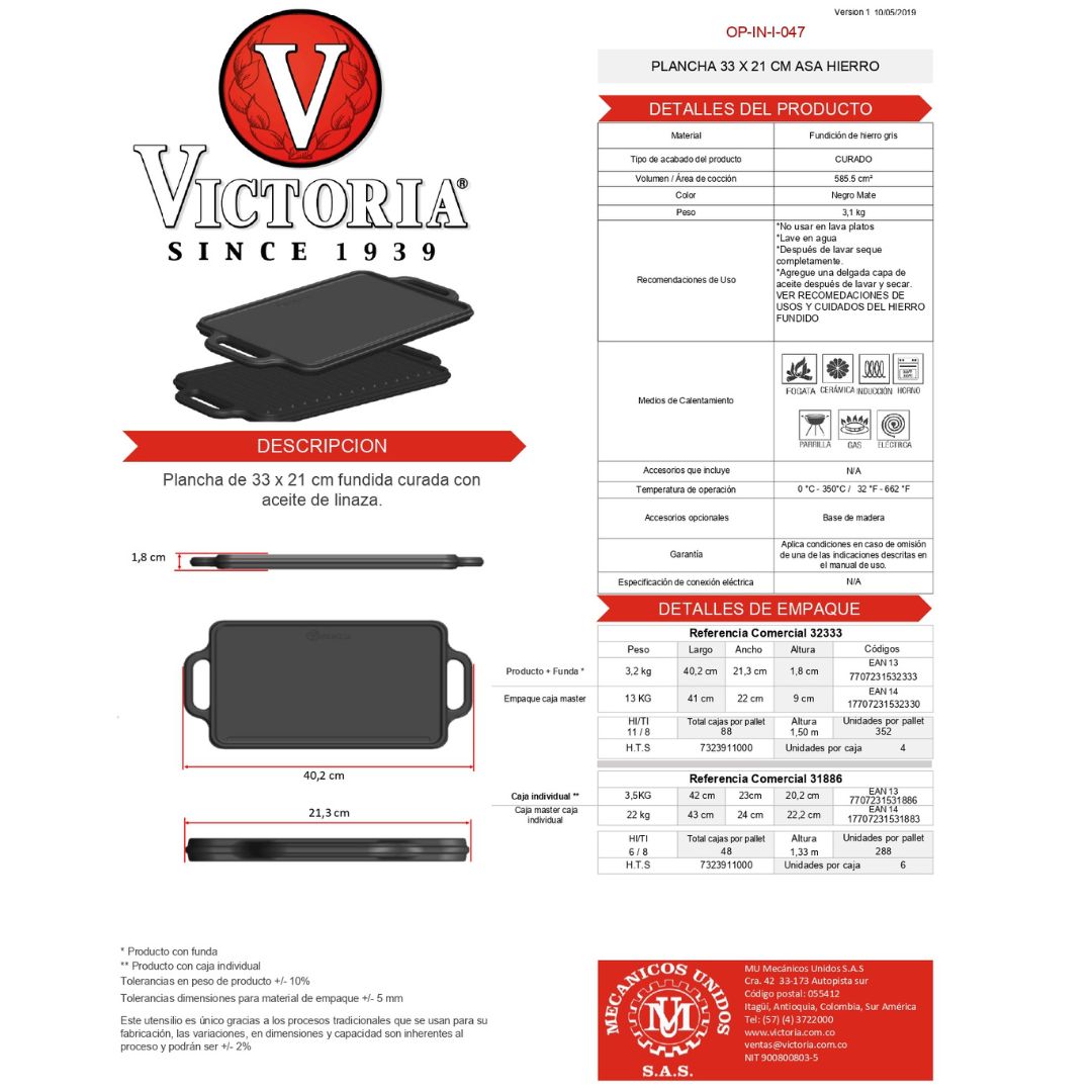 Plancha Reversible Hierro Fundido Precurado 33 x 21 cm