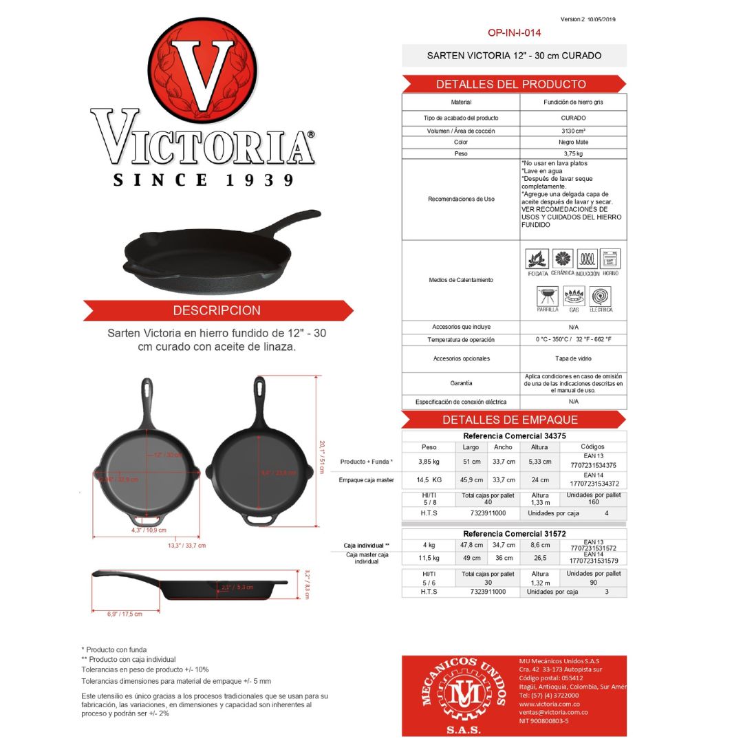 Sartén Victoria Hierro Fundido Precurado 30 cm