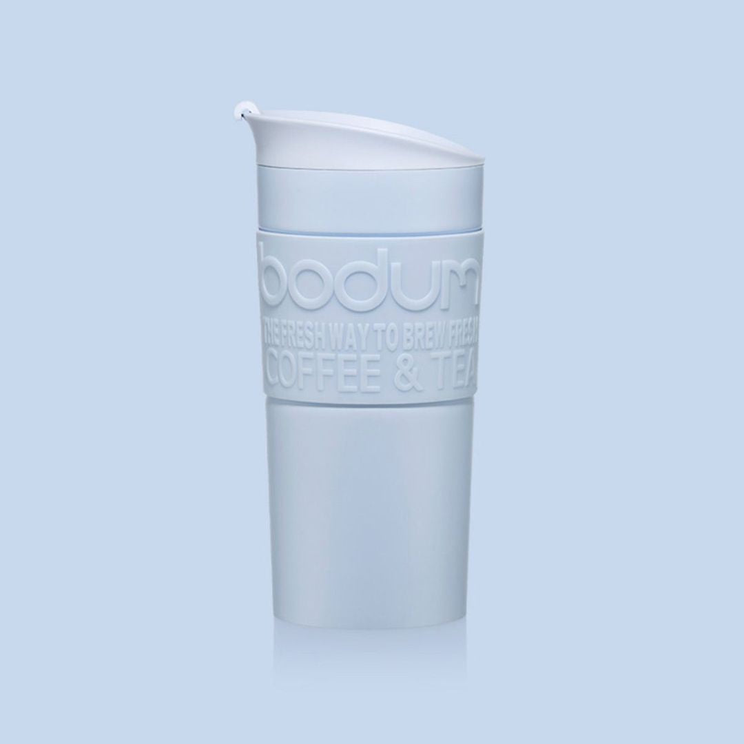 Travel Mug de doble pared plástico, 0.35 Lts Celeste