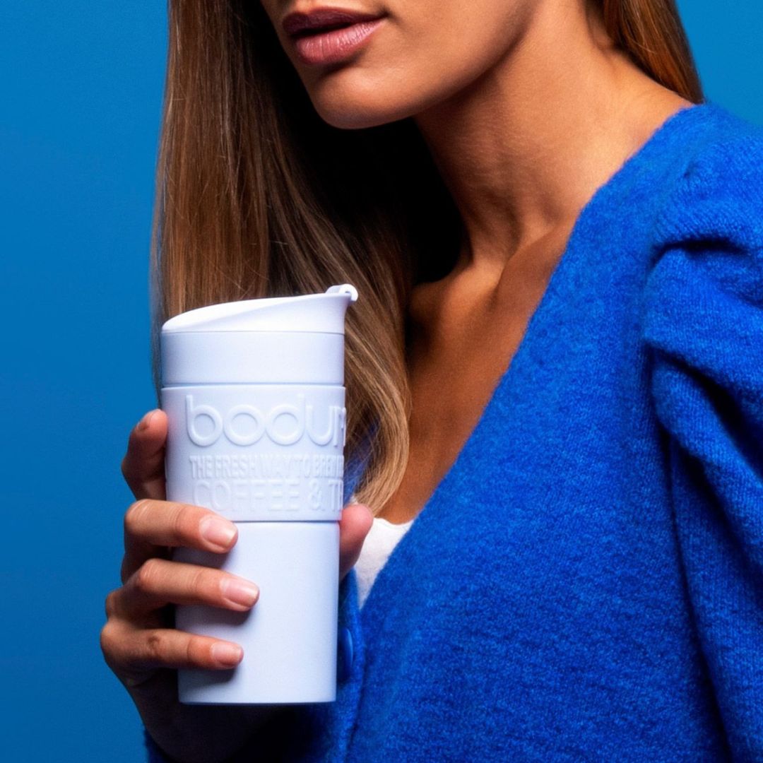 Travel Mug de doble pared plástico, 0.35 Lts Celeste