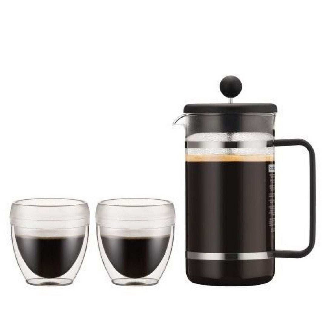 Pack Cafetera Prensa Francesa Bodum 1 lts y 2 Vasos de Borosilicato de Doble Pared 250 ml