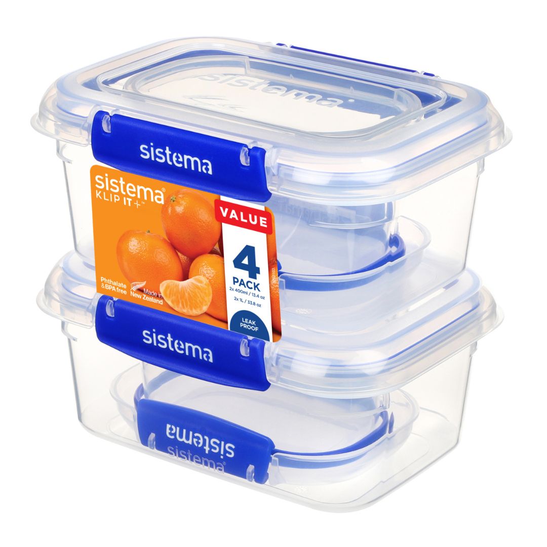 Set de 4 contenedores Sistema Klip It Plus. (2 x 1 lt/ 2 x 400 ml)