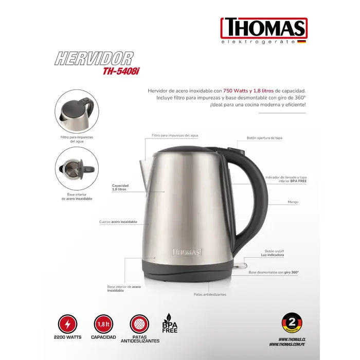 Hervidor Thomas Acero Inoxidable 1,8 lts TH-5408I