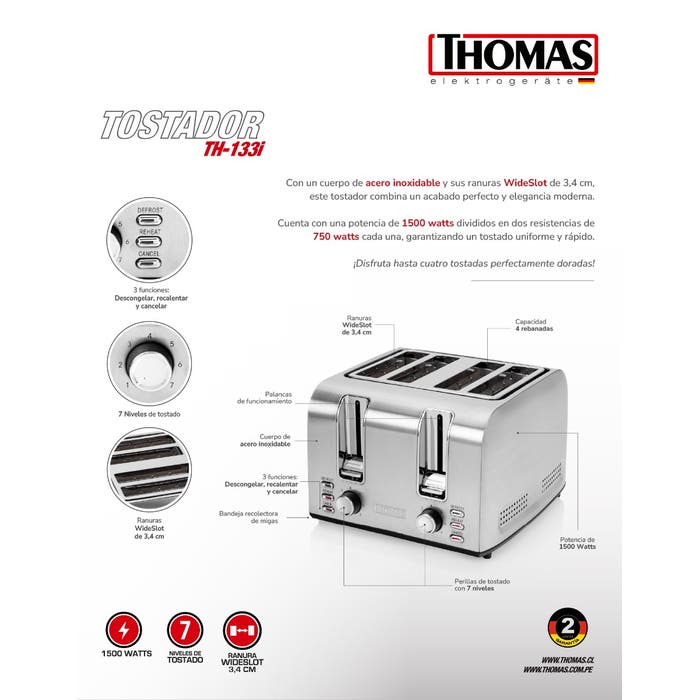 Tostador 4 rebanadas Acero Inox TH-133i