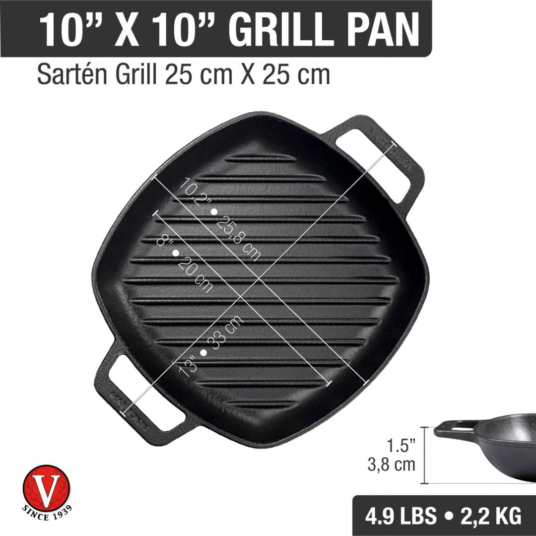 Sarten Grill Doble Asa Hierro Fundido Esmaltado 25 x 25 cm