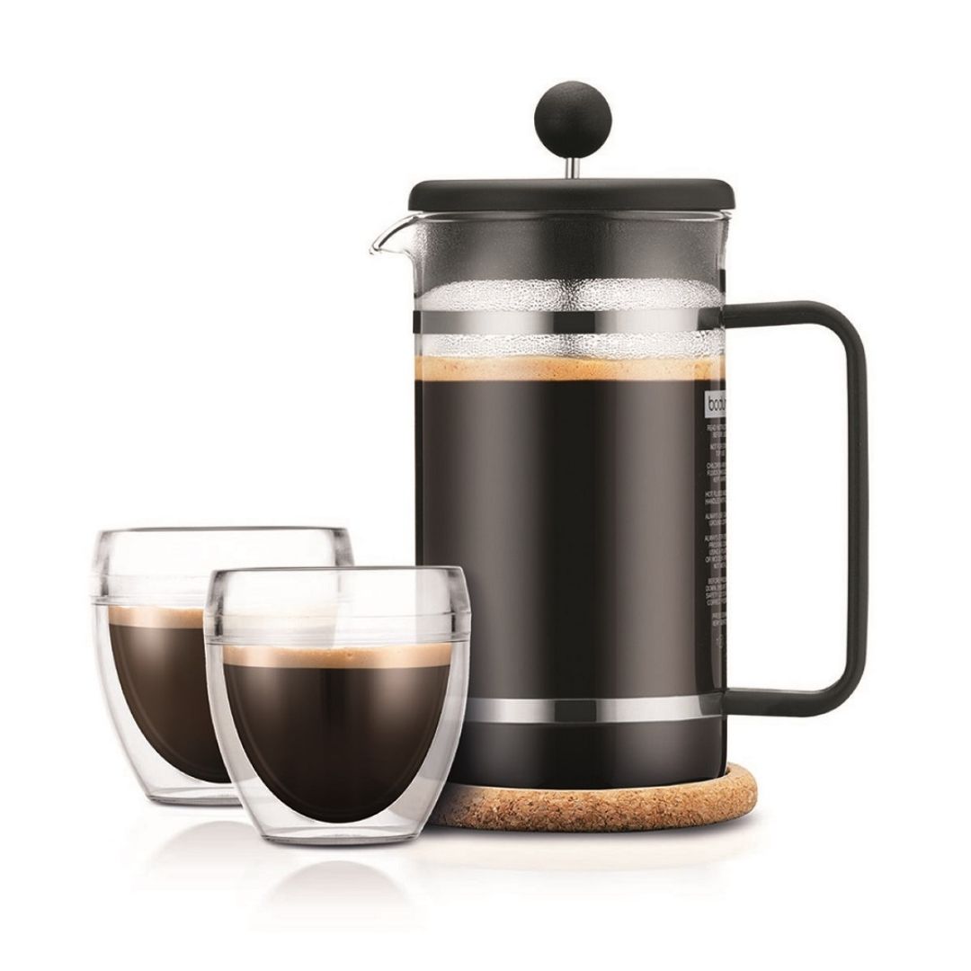 Pack Cafetera Prensa Francesa Bodum 1 lts y 2 Vasos de Borosilicato de Doble Pared 250 ml