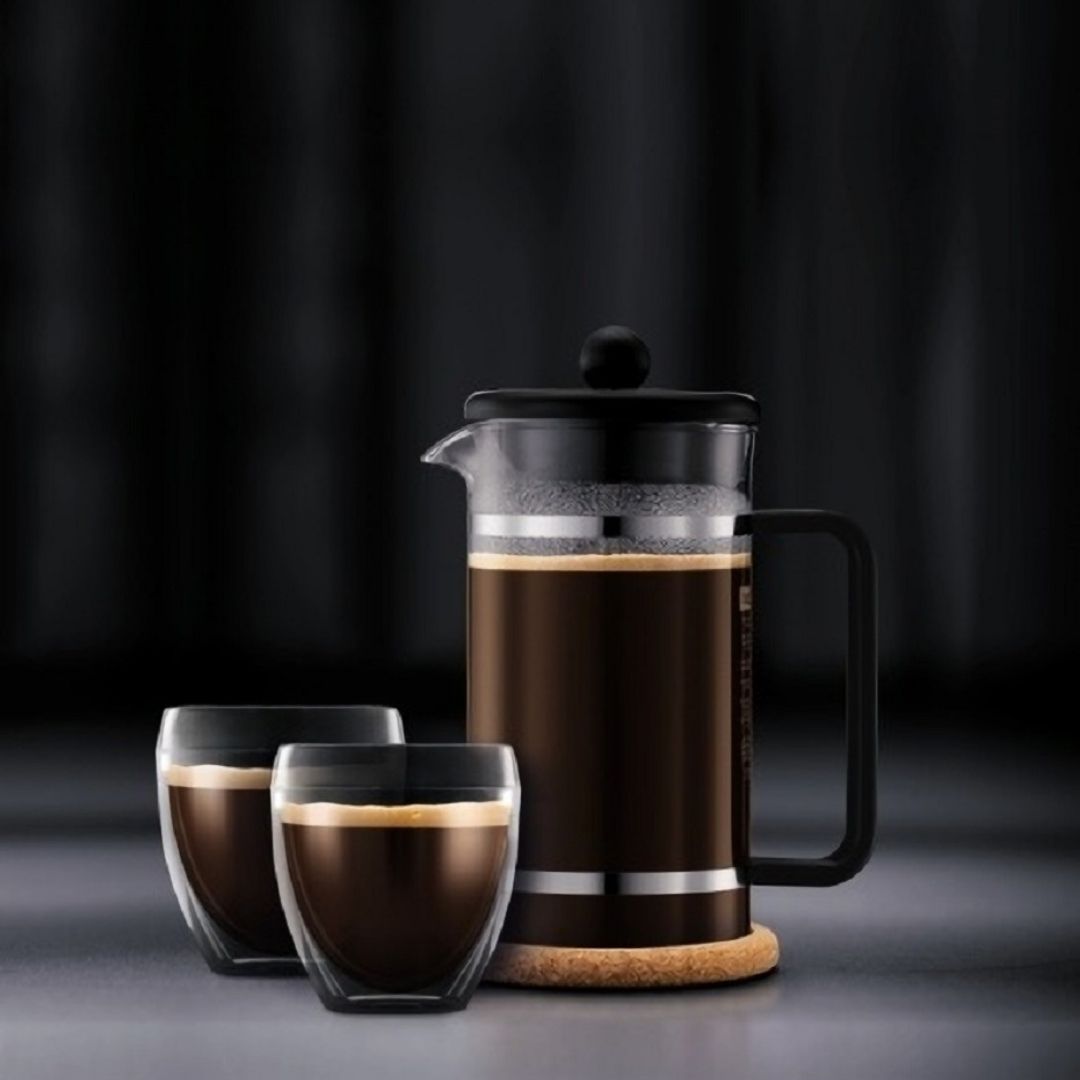 Pack Cafetera Prensa Francesa Bodum 1 lts y 2 Vasos de Borosilicato de Doble Pared 250 ml